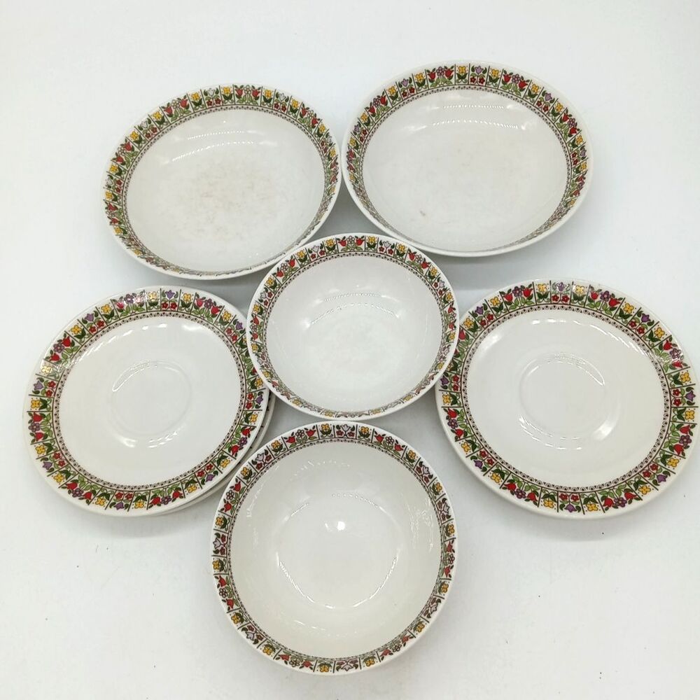 Vintage Royal Daulton Lot of 8 Fireglow 2 Soup 2 Dessert Bowls & 4 Saucer Plates